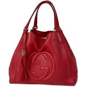 Gucci Soho Tote Bag Shoulder Bag Fringe Interlocking G Leather Red